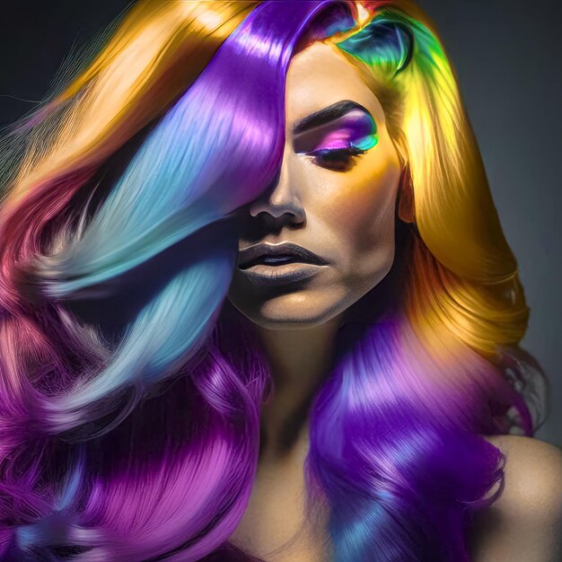 Kobieta z luksusowymi kolorowymi jasnymi włosami na ciemnym tle