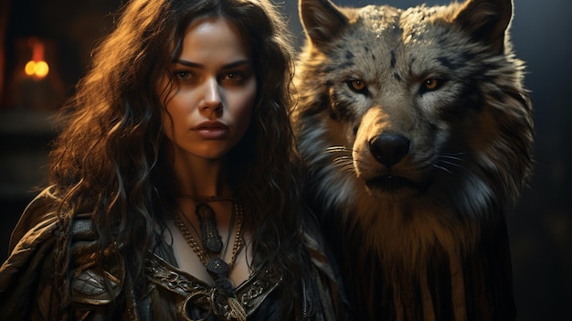 Zdjęcie kobieta z magiczną włócznią stoi obok swojego opiekuna wilka.
