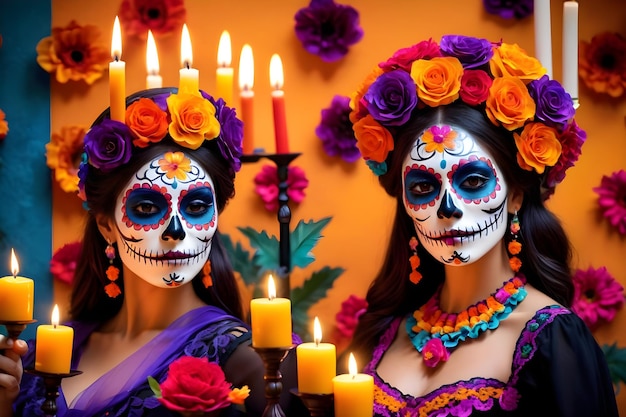 Zdjęcie kobieta z makijażem cukrowej czaszki na paradzie dia de los muertos
