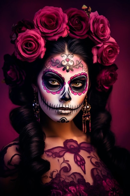 Kobieta z makijażem czaszki i koroną kwiatową, dzień zmarłych