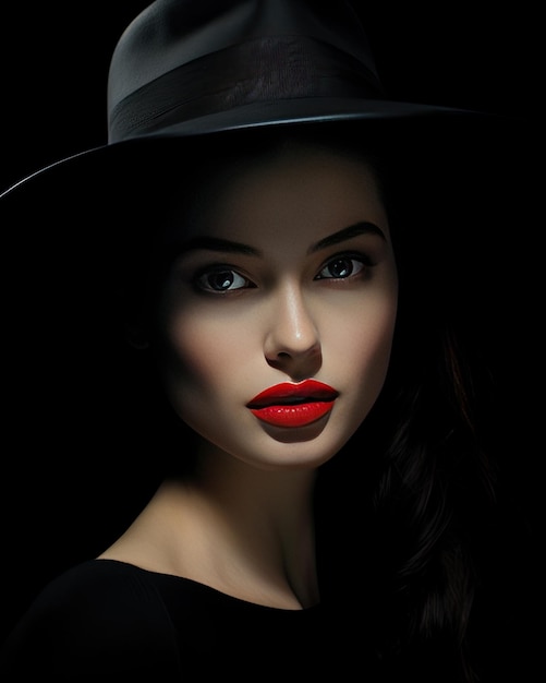 Kobieta z makijażem i czerwoną szminką na sobie portret mody w czarnym kapeluszu