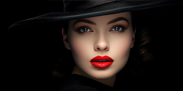 Kobieta z makijażem i czerwoną szminką na sobie portret mody w czarnym kapeluszu
