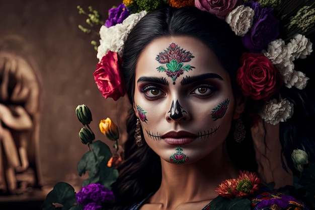 Kobieta z meksykańską czaszką dzień zmarłych makijaż na twarzy tradycyjny catrina dia de muertos