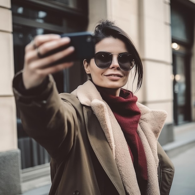 Kobieta z miasta robi sobie publiczne selfie