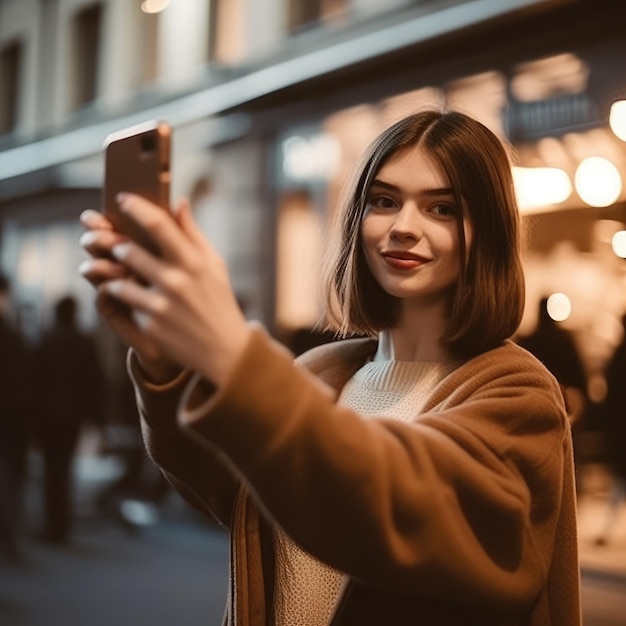 Kobieta z miasta robi sobie publiczne selfie