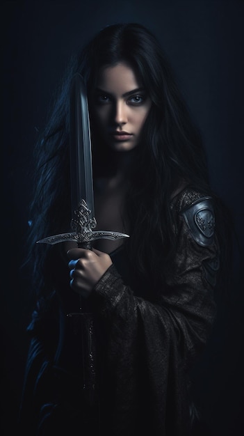 Kobieta z mieczem w ręku stoi przed ciemnym tłem.