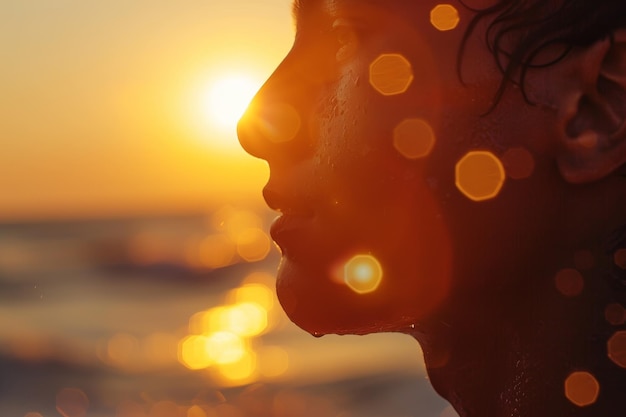 Kobieta z mokrymi włosami patrzy na słońce.