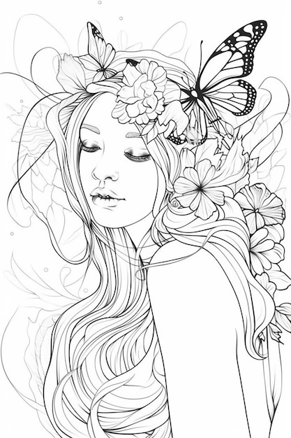 Kobieta z motylem we włosach i kwiatami na głowie generatywne ai