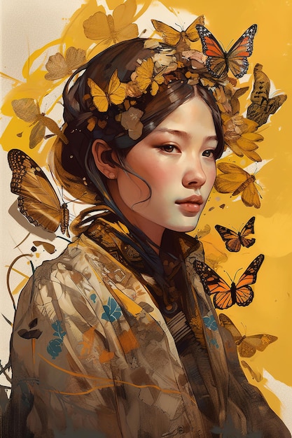 Kobieta z motylkami na głowie i sukienką z motywem motyli na głowie