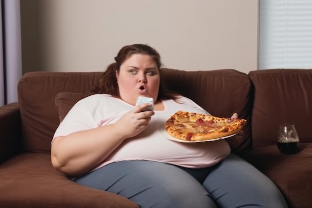 Kobieta z nadwagą jedząca jedzenie Społecznie zdrowa Generuj Ai