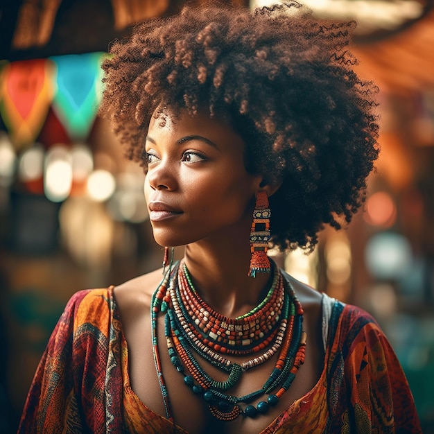 Kobieta z naszyjnikiem z napisem „afrykańskie piękno”.