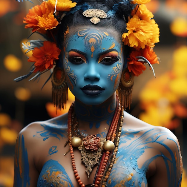 Kobieta z niebieską farbą do twarzy i kwiatami we włosach Generative AI Art