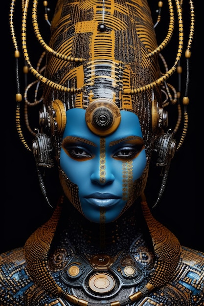 Kobieta z niebieską farbą do twarzy i twarz z twarzą zrobioną z kół zębatych.