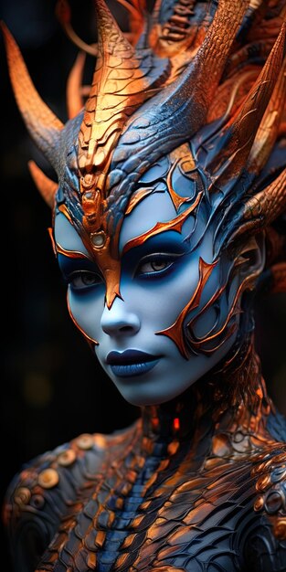 Kobieta z niebieską twarzą i niebieskou maską smoka.
