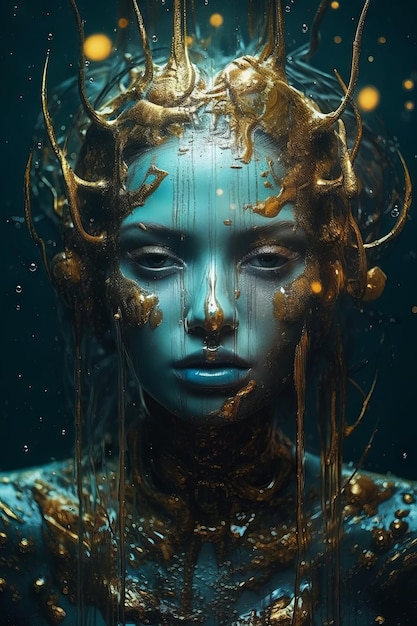 Kobieta z niebieską twarzą i złotą farbą