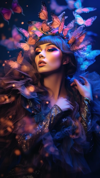 Kobieta z niebieskim tłem i motylami we włosach