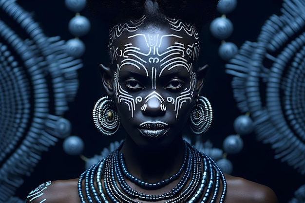 Kobieta z niebieskim tłem i napisem „Afryka” na twarzy