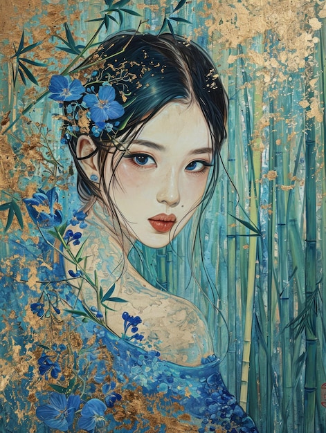 Kobieta z niebieskimi kwiatami w włosach