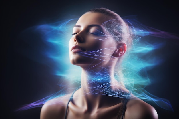 Kobieta z niebieskimi liniami energetycznymi wokół głowy leczy prana