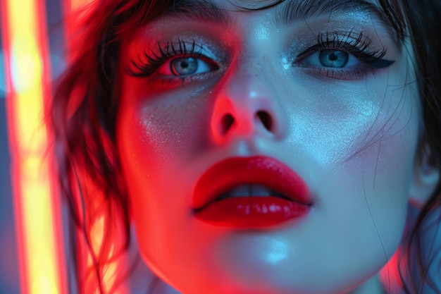 Kobieta z niebieskimi oczami i czerwonym światłem za nią.