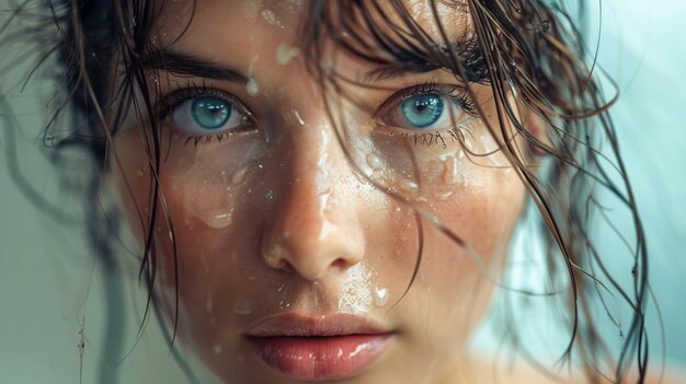 Kobieta z niebieskimi oczami i mokrymi włosami.
