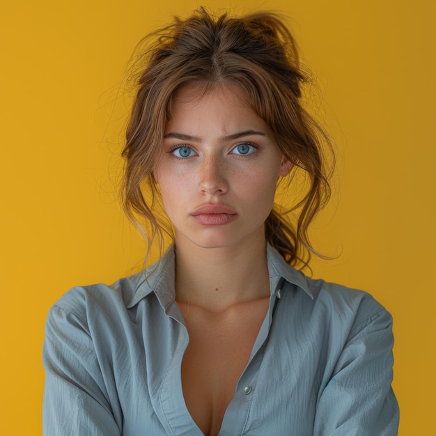 kobieta z niebieskimi oczami i niebieską koszulką stoi przed żółtym tłem