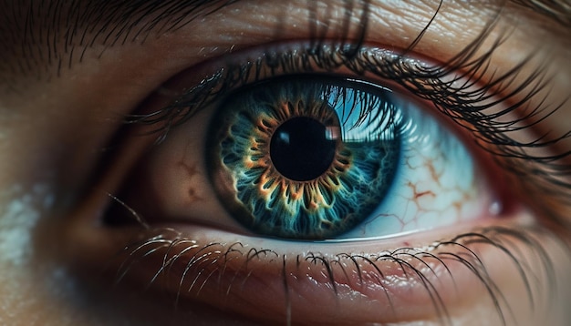 Kobieta z niebieskimi oczami wpatrująca się w kamerę z zbliżeniem tęczówki wygenerowanej przez sztuczną inteligencję