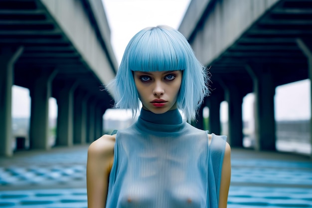 Kobieta z niebieskimi włosami stoi przed mostem i patrzy na kamerę.