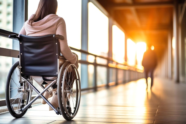 Kobieta z niepełnosprawnością na wózku inwalidzkim na rampie w mieście Wsparcie Problemy społeczne Infrastruktura dla osób niepełnospołecznych