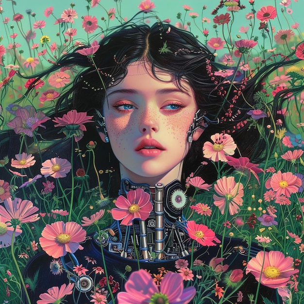 kobieta z obrazem dziewczyny na polu kwiatów
