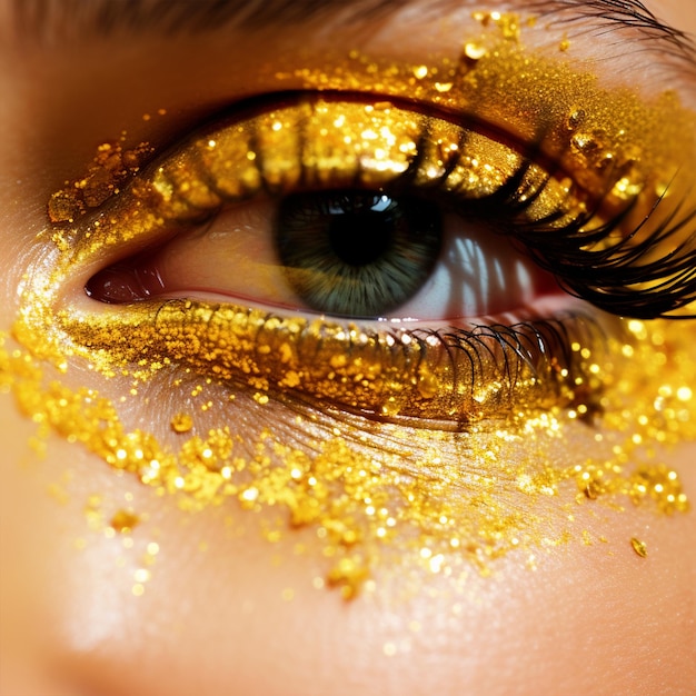 Zdjęcie kobieta z oczami w bliskiej odległości z złotym błyszczącym makijażem