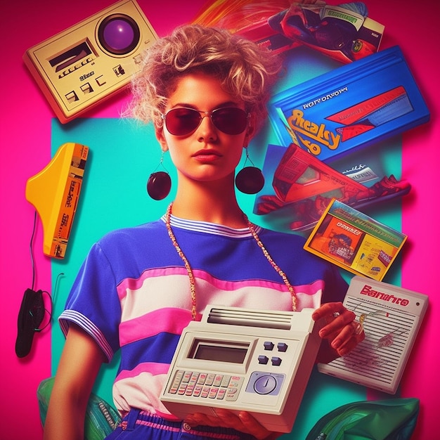 kobieta z okularami przeciwsłonecznymi i kalkulatorem na koszuli