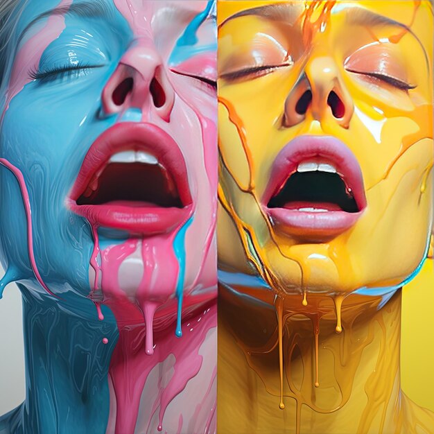 kobieta z otwartymi ustami, a druga nosi żółty i niebieski kolor