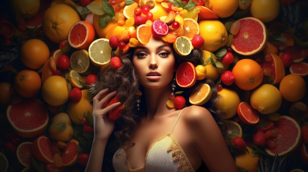 Kobieta z owocową koroną na głowie