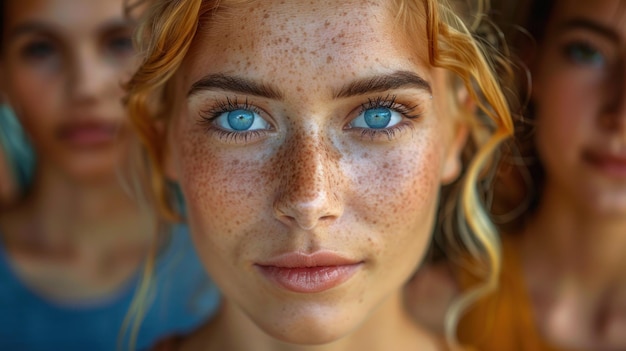 Kobieta z piegiastymi włosami i niebieskimi oczami