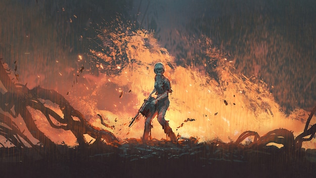 kobieta z piłą łańcuchową stojąca na płonącej ziemi, sztuka cyfrowa, malarstwo ilustracyjne