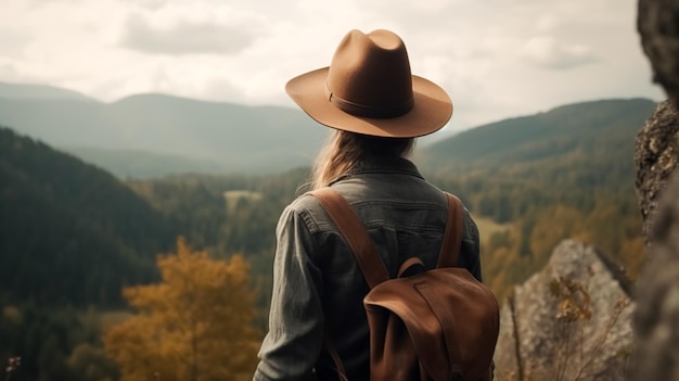 Kobieta z plecakiem i kapeluszem patrzy na generatywną ai gór