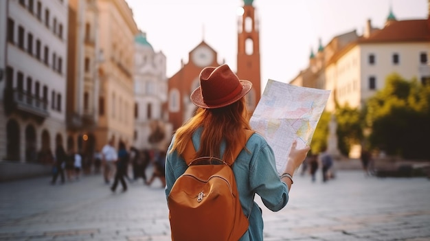 Zdjęcie kobieta z plecakiem patrząca na mapę i miasto na tle