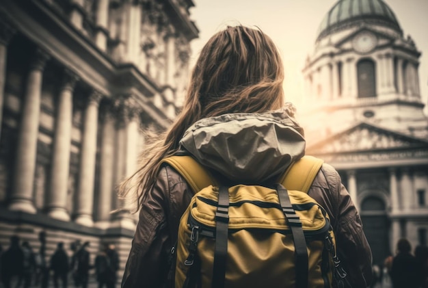 Zdjęcie kobieta z plecakiem podróżuje zwiedzając miasto na całym świecie na wakacjach