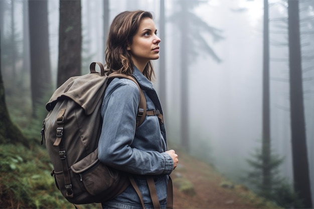 Kobieta z plecakiem stoi w mglistym lesie.