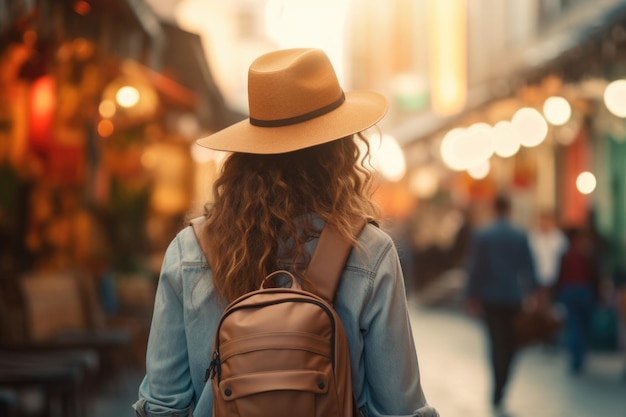 Kobieta z plecakiem w kapeluszu chodzi po mieście.
