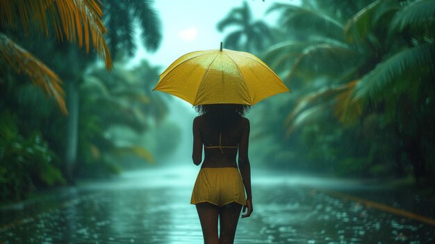 Kobieta z plecami w pięknych tropikach w deszczowej pogodzie