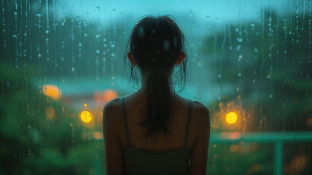 Kobieta z plecami w pięknych tropikach w deszczowej pogodzie