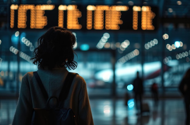 Kobieta z plecami zwrócona na lotnisku patrząca na czasy odlotów samolotów