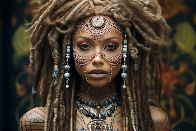 kobieta z plemienia ma na sobie kolorowy kostium z napisem „.”