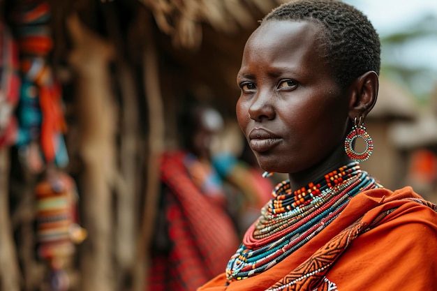 Kobieta z plemienia Massai stojąca w swojej wiosce