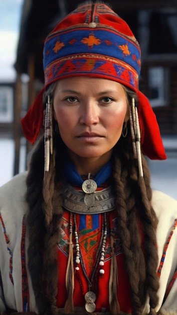 Zdjęcie kobieta z plemienia sami w tradycyjnym stroju na śniegu