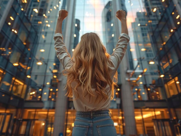 Kobieta z podniesionymi rękami przed szklanym budynkiem biznesowym