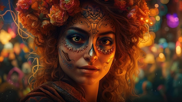 Kobieta z pomalowaną twarzą i kwiatkiem na twarzy
