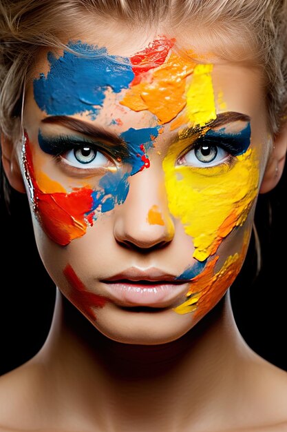 Zdjęcie kobieta z pomalowaną twarzą i twarz kobiety pomalowanej różnymi kolorami.
